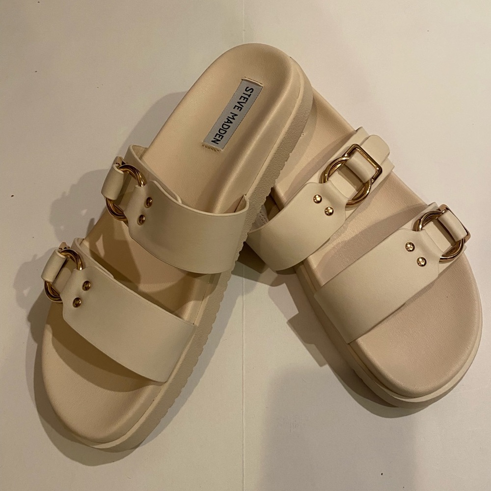 STEVE MADDEN Hanni Dual Buckle Strap Slide Sandals - Women’s 10M Bone Ivory